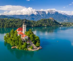 The island of the Pilgrimage Church of the Assumption of Maria on Lake Bled