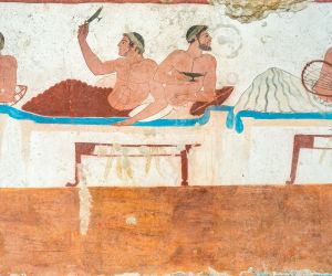 Ancient frescoes in the tomb of the diver, Paestum